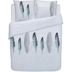 Parure de lit 2 places blanche zigzag plumes bleu turquoise