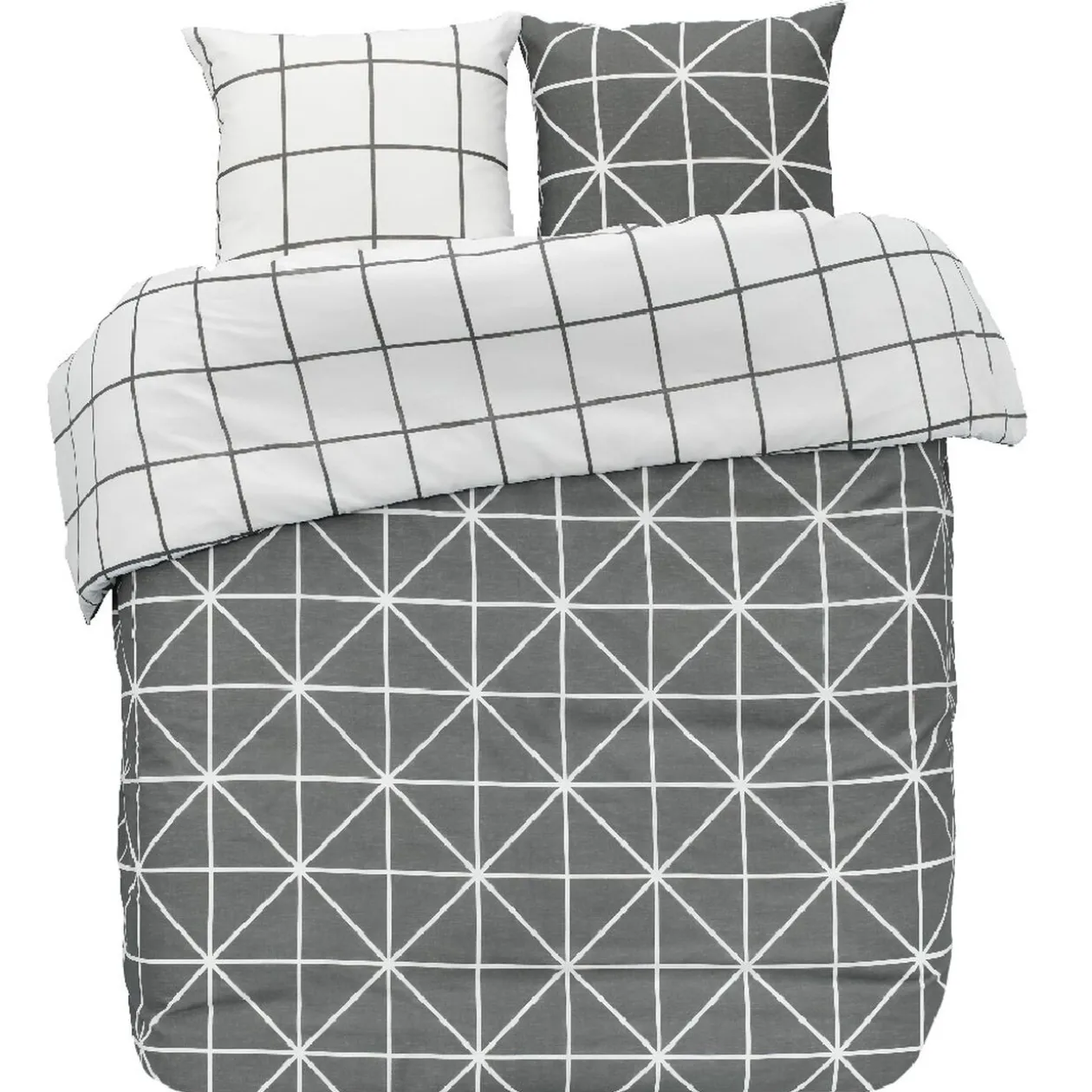 Parure de lit 2 places blanche et grise motif quadrillage