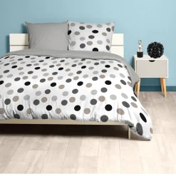 Parure de lit 2 places blanche design pois noir gris et taupe