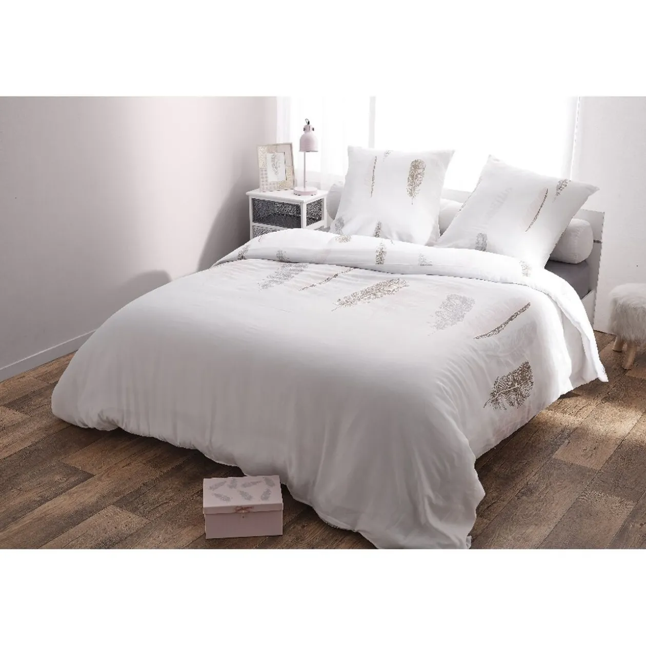 Parure de lit 2 places blanc motif plumes