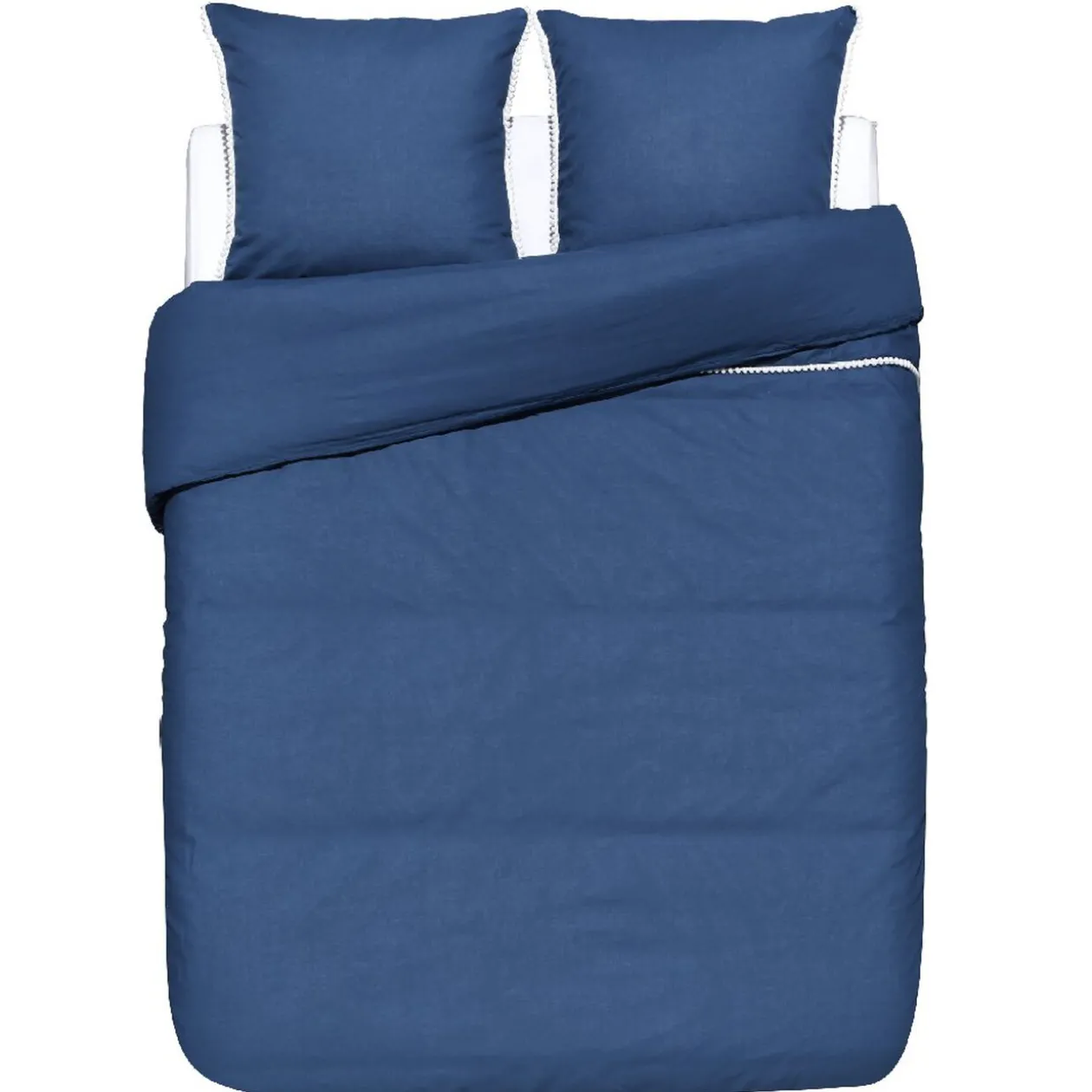 Parure de lit 2 places bleue finition pompons blancs