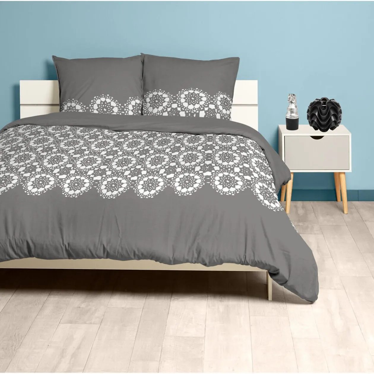 Parure de lit 2 places Dentella gris et blanc
