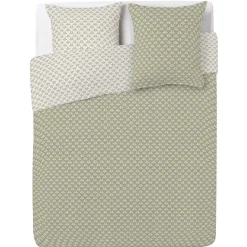 Parure de lit 2 places finition boutons coton imprimé beige et vert