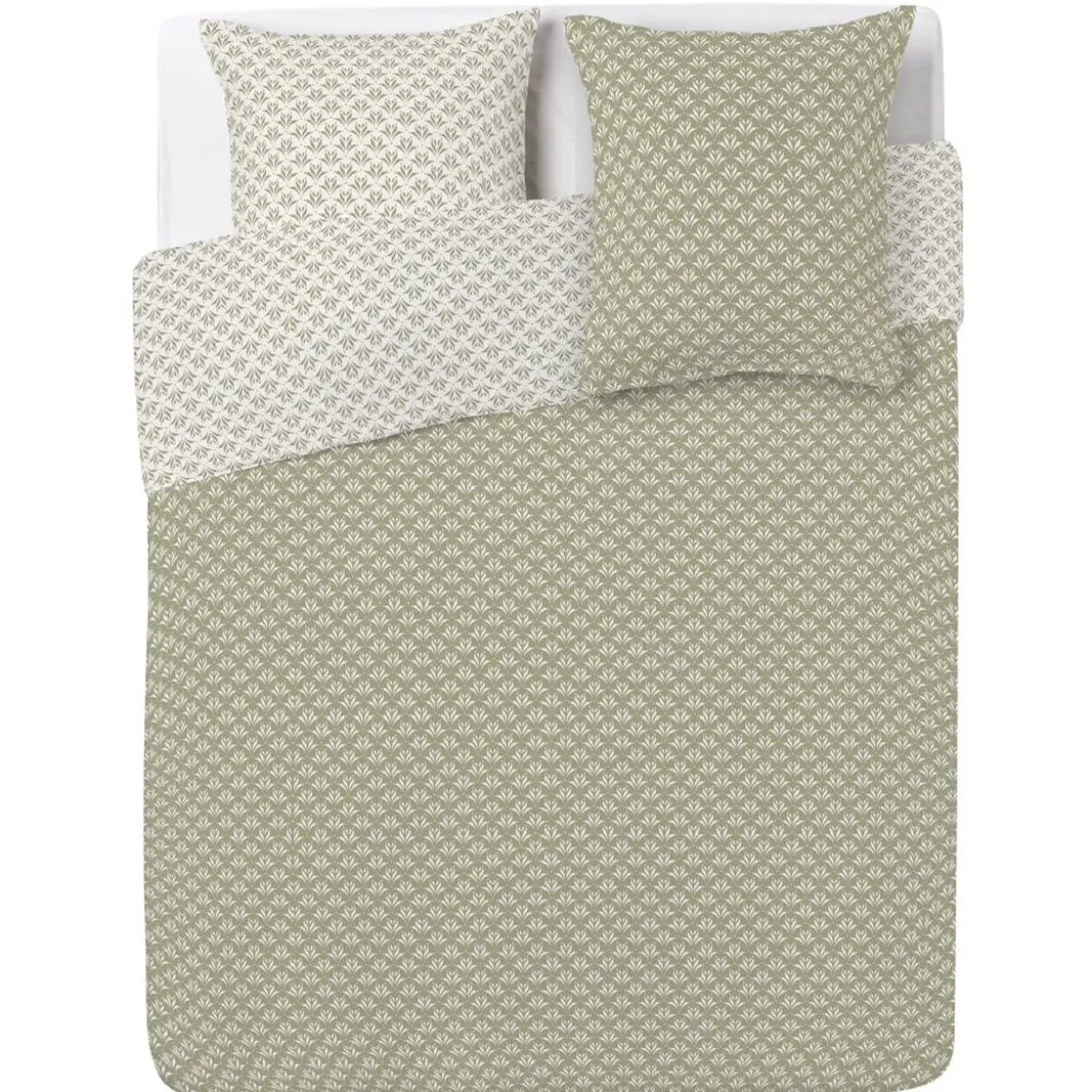Parure de lit 2 places finition boutons coton imprimé beige et vert