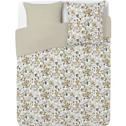 Parure de lit 2 places finition boutons coton imprimé fleuri beige