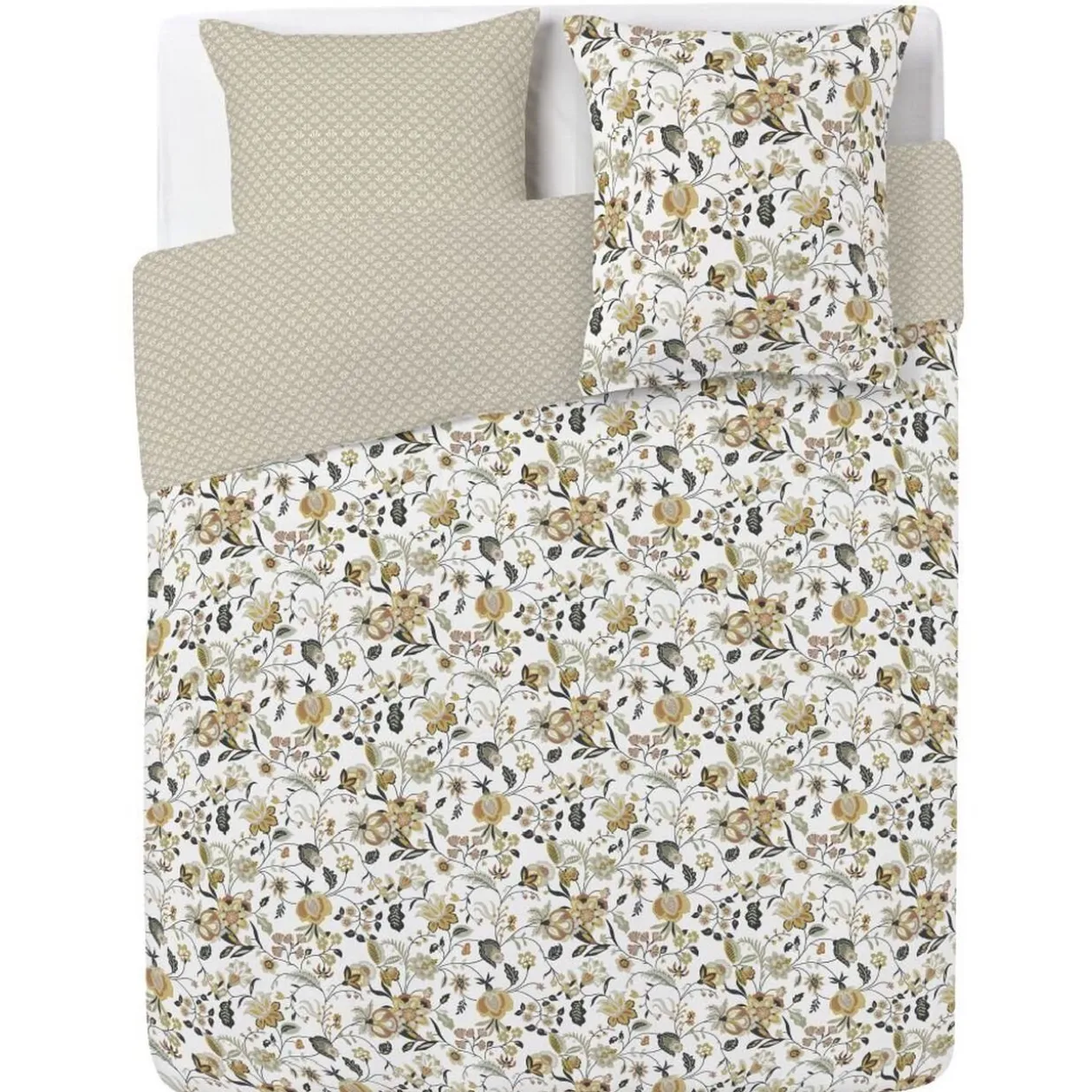 Parure de lit 2 places finition boutons coton imprimé fleuri beige
