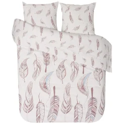 Parure de lit 2 places imprimé ethnique plumes rose blanc