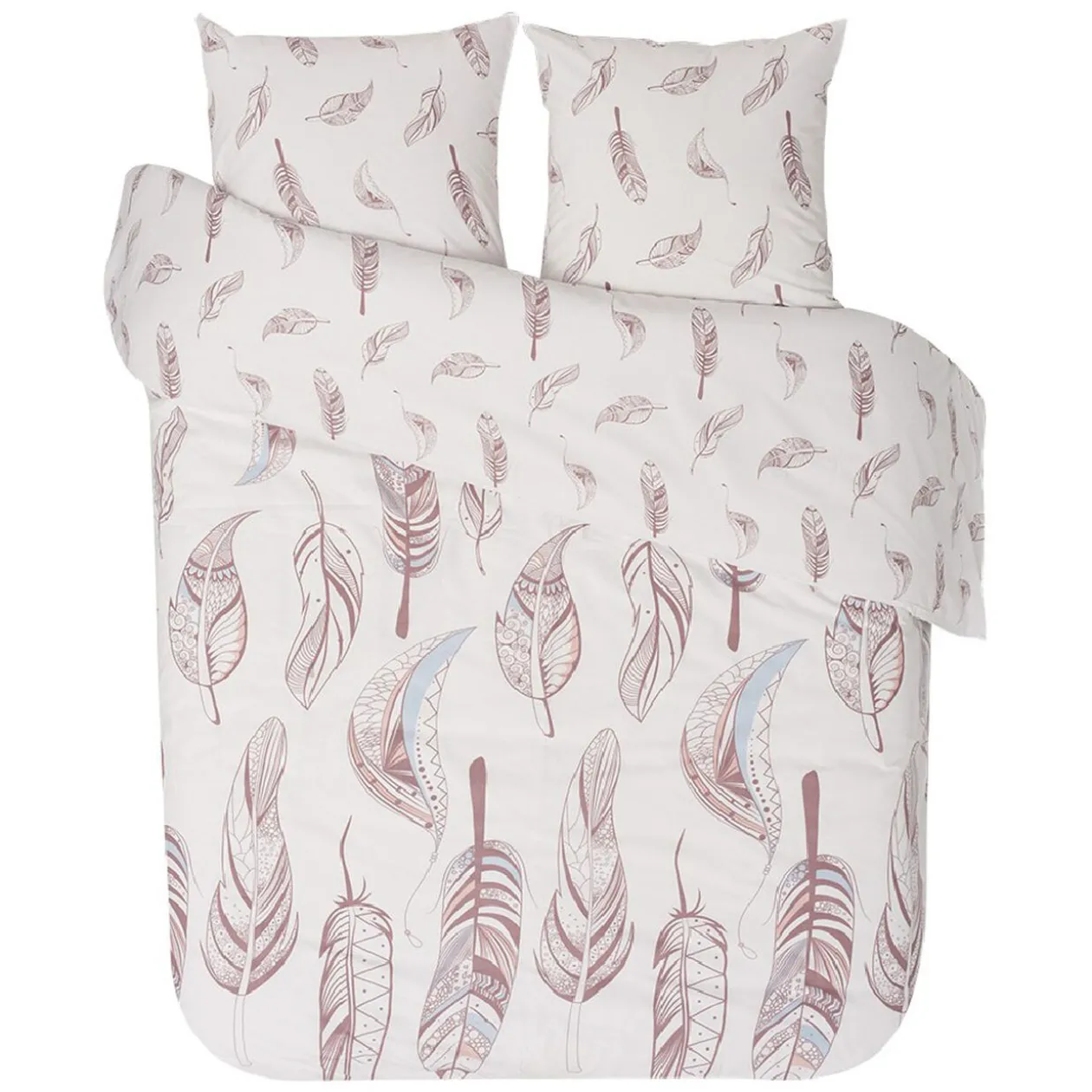 Parure de lit 2 places imprimé ethnique plumes rose blanc
