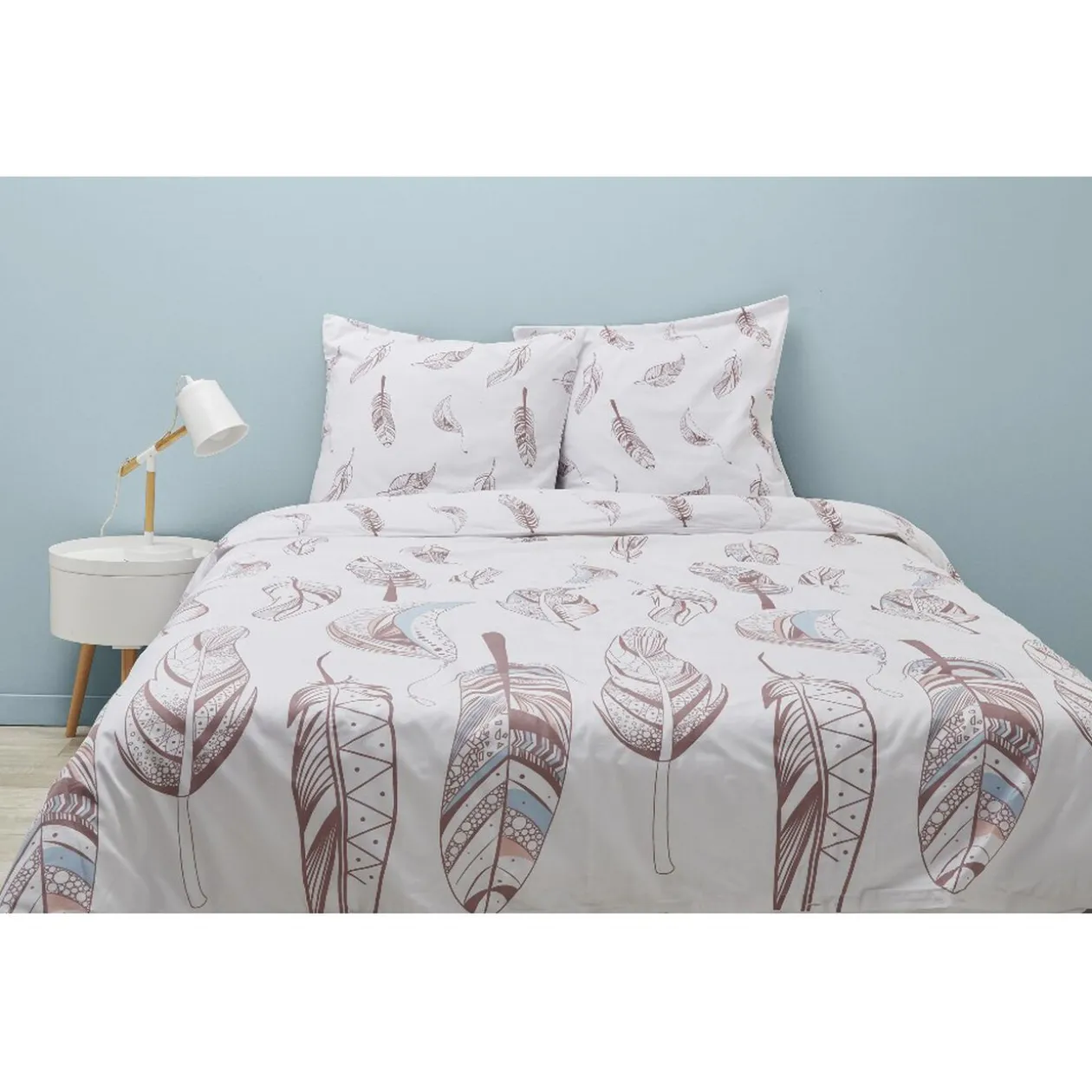 Parure de lit 2 places imprimé ethnique plumes rose blanc