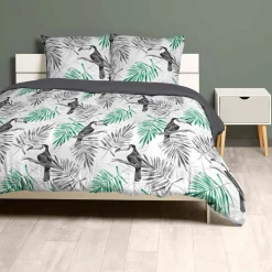 Parure de lit 2 places imprimée toucan feuilles gris vert