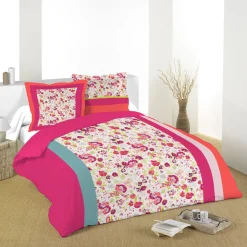 Parure de lit 2 places motif fleurs roses
