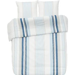 Parure de lit 2 places motif bayadère bleu blanc et gris