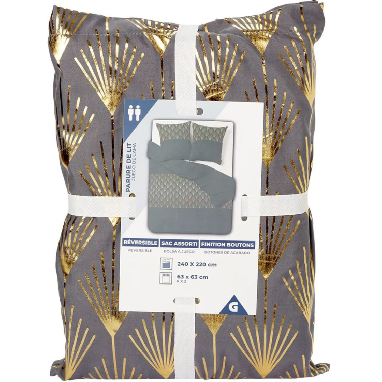 Parure de lit 2 places 240x220 cm réversible imprimé feuillage doré
