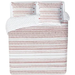Parure de lit à pompons imprimé rayure gris rouge