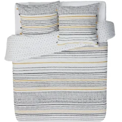 Parure de lit à pompons imprimé rayure gris jaune moutarde