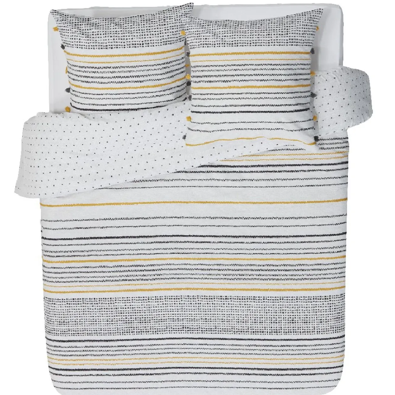 Parure de lit à pompons imprimé rayure gris jaune moutarde