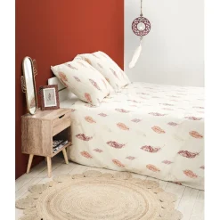 Parure de lit beige Folk motif plumes rose 220x240 cm