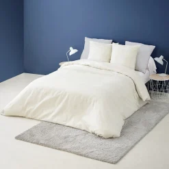 Parure de lit beige uni effet lin frise plissée 2 personnes