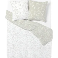 Parure de lit blanc cassé et beige motif branche feuillage
