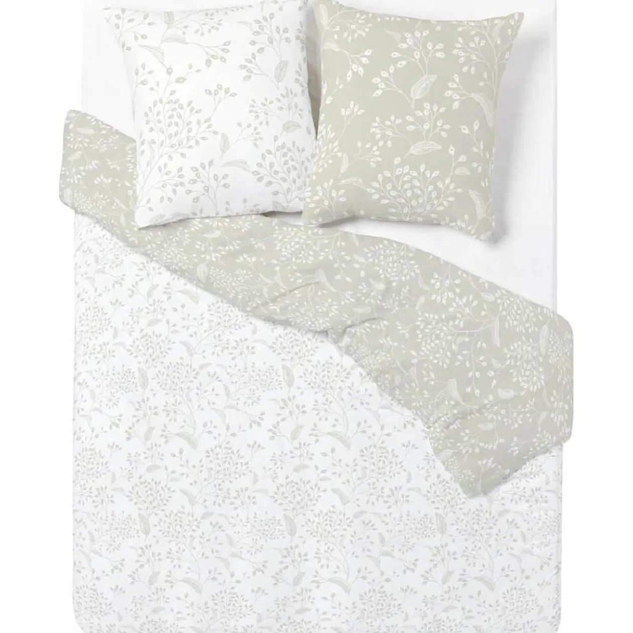 Parure de lit blanc cassé et beige motif branche feuillage