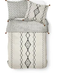 Parure de lit blanc cassé motifs berberes noirs avec pompons