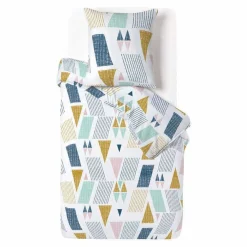 Parure de lit blanc motif géométrique bleu jaune 1 personne