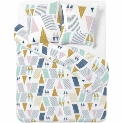 Parure de lit blanc motif géométrique bleu jaune 2 personnes
