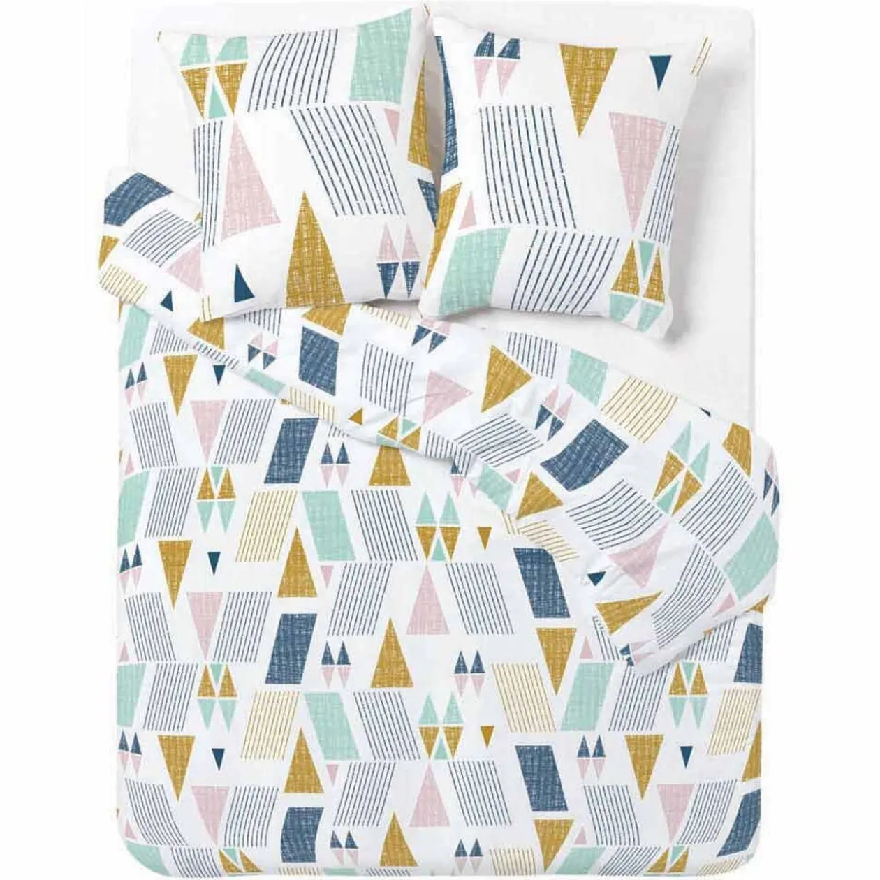 Parure de lit blanc motif géométrique bleu jaune 2 personnes
