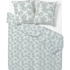 Parure de lit blanche et verte motif feuillage tropical