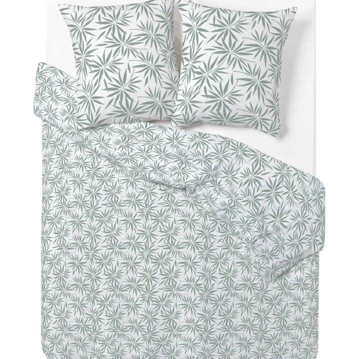 Parure de lit blanche et verte motif feuillage tropical