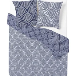 Parure de lit blanche et bleue motifs feuillages 2 personnes