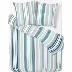 Parure de lit blanche rayures verticales bleues 2 personnes