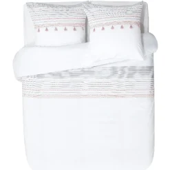 Parure de lit blanche rayure horizontale grise rose pompon