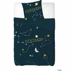 Parure de lit bleu motif galaxie phosphorescent lune étoile
