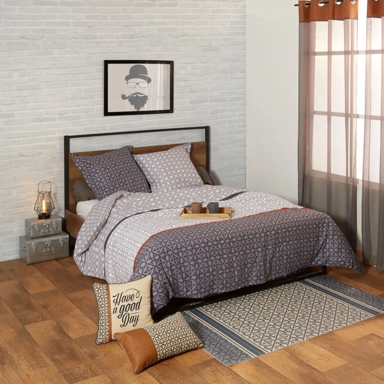 Parure de lit carreaux de ciment bicolore 240x220 cm