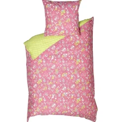 Parure de lit en coton rose et vert motif fleurs 140x200 cm