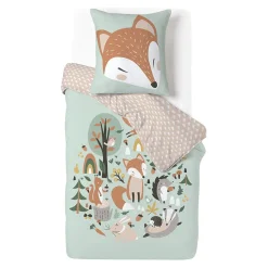 Parure de lit enfant 1 personne 140x200cm réversible motif forêt renard vert