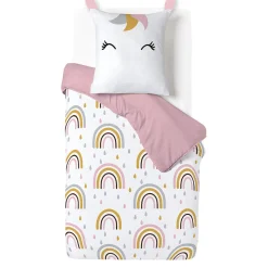 Parure de lit enfant 1 personne 140x200cm réversible motif licorne arc-en-ciel rose