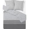 Parure de lit grise et blanche motifs géométriques et frise