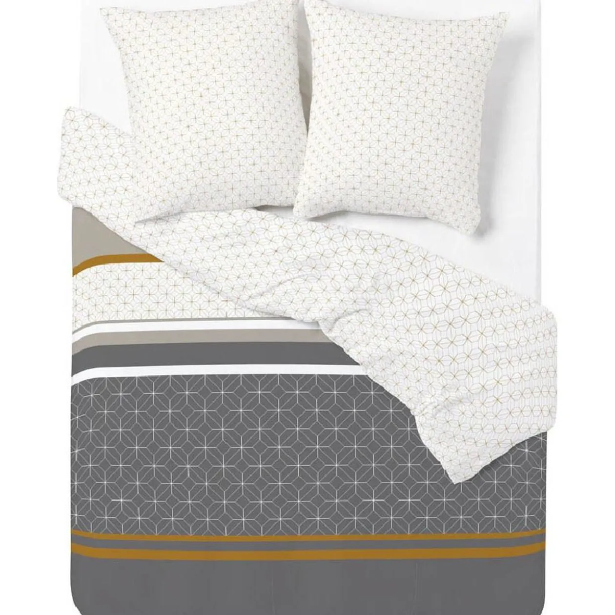 Parure de lit grise motifs géométriques blancs 2 personnes