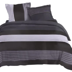 Parure de lit imprimé rayé noir gris blanc 2 personnes 240x220 cm