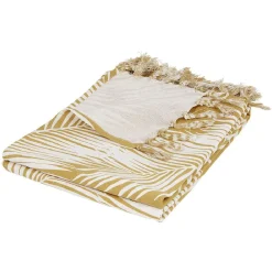 Plaid à franges jaune motif feuillage blanc 125x150cm