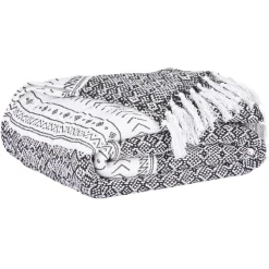 Plaid à franges motif ethnique noir et blanc