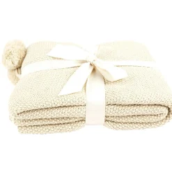 Plaid à maille unie à pompons beige 1 place