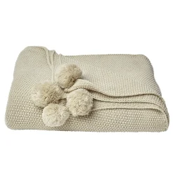 Plaid à maille unie à pompons beige 1 place