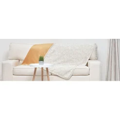 Plaid déco réversible beige jaune moutarde motif fleurs