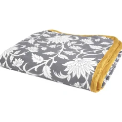 Plaid déco réversible gris blanc motif fleurs toucher doux