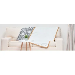 Plaid déco réversible gris blanc motif fleurs toucher doux