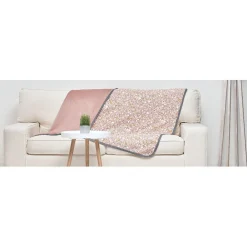 Plaid déco réversible rose moutarde motif fleur toucher doux