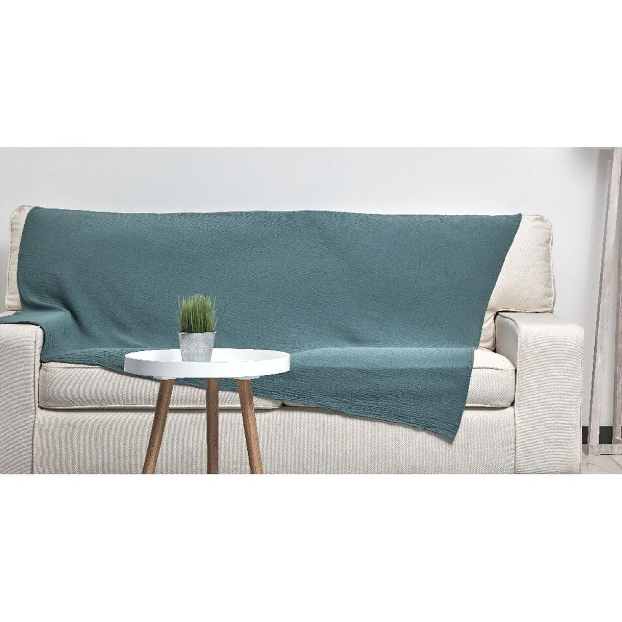 Plaid en coton uni 1 place vert d'eau